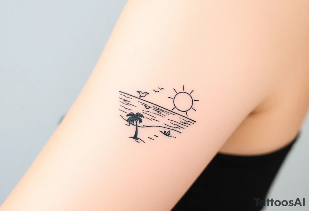 happy, peaceful, serene, timeless, ocean, sand, palm tree, seagulls, sun tattoo idea