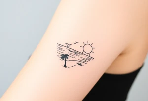 happy, peaceful, serene, timeless, ocean, sand, palm tree, seagulls, sun tattoo idea