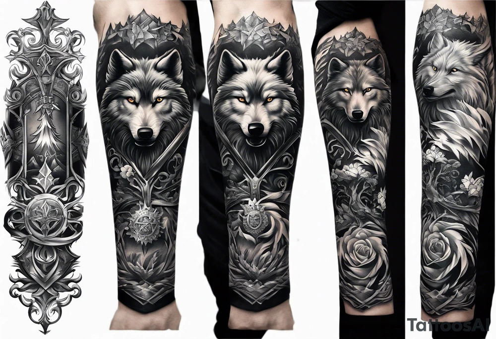 Create a vision of arm tattoo sleeve with combination of sword, crown, tree and three wolves to represent clients family roots tattoo idea