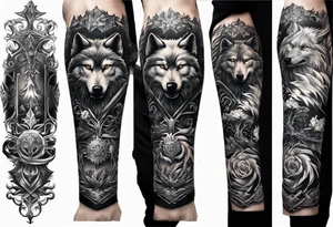 Create a vision of arm tattoo sleeve with combination of sword, crown, tree and three wolves to represent clients family roots tattoo idea