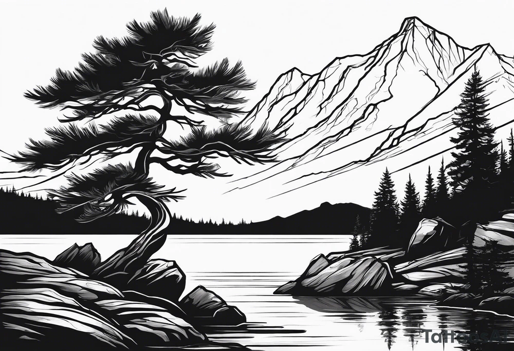 Sleeve tattoo windswept pine tree before lake with low cliff face on another side of lake. Mastiff silhouette in foreground. tattoo idea