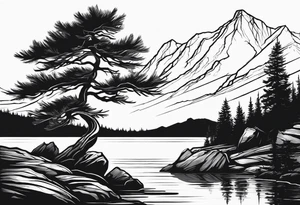 Sleeve tattoo windswept pine tree before lake with low cliff face on another side of lake. Mastiff silhouette in foreground. tattoo idea