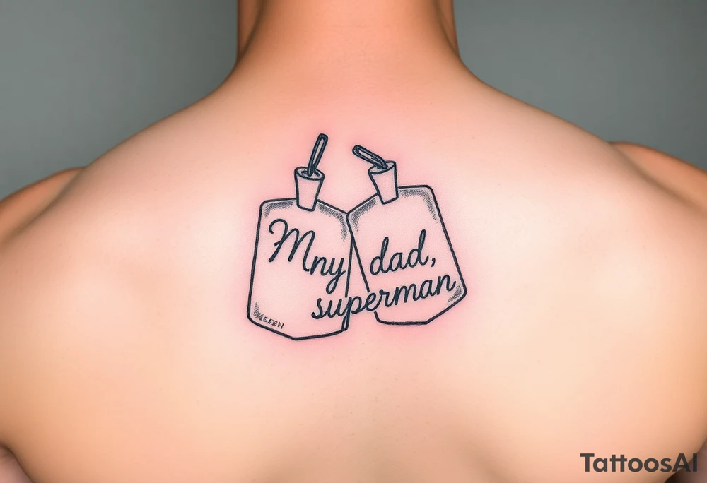 in pencil led draw "Marine soilder, my dad, my superman" inside military dogtags tattoo idea