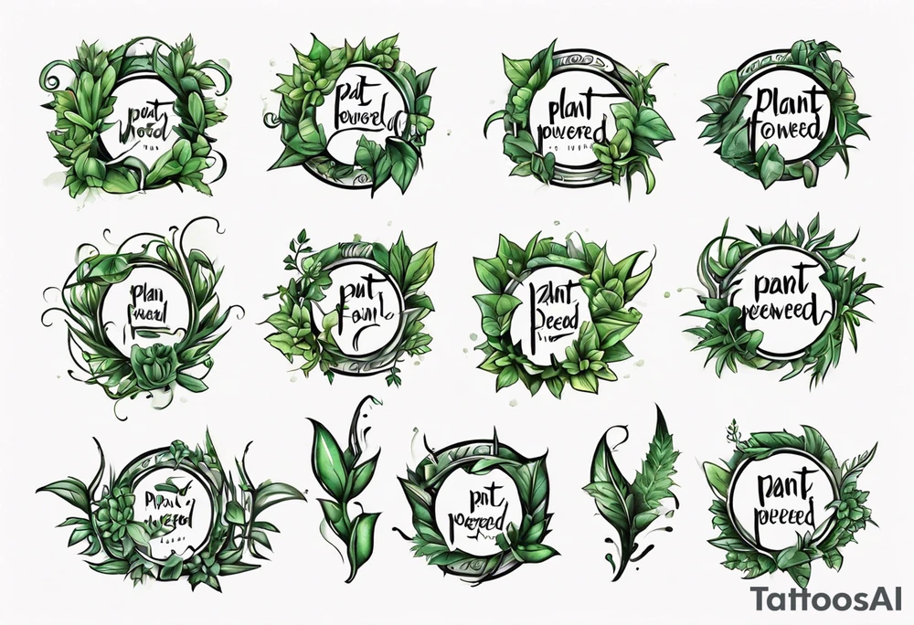 Words “Plant Powered” spelled out with plants and vines through out the words tattoo idea