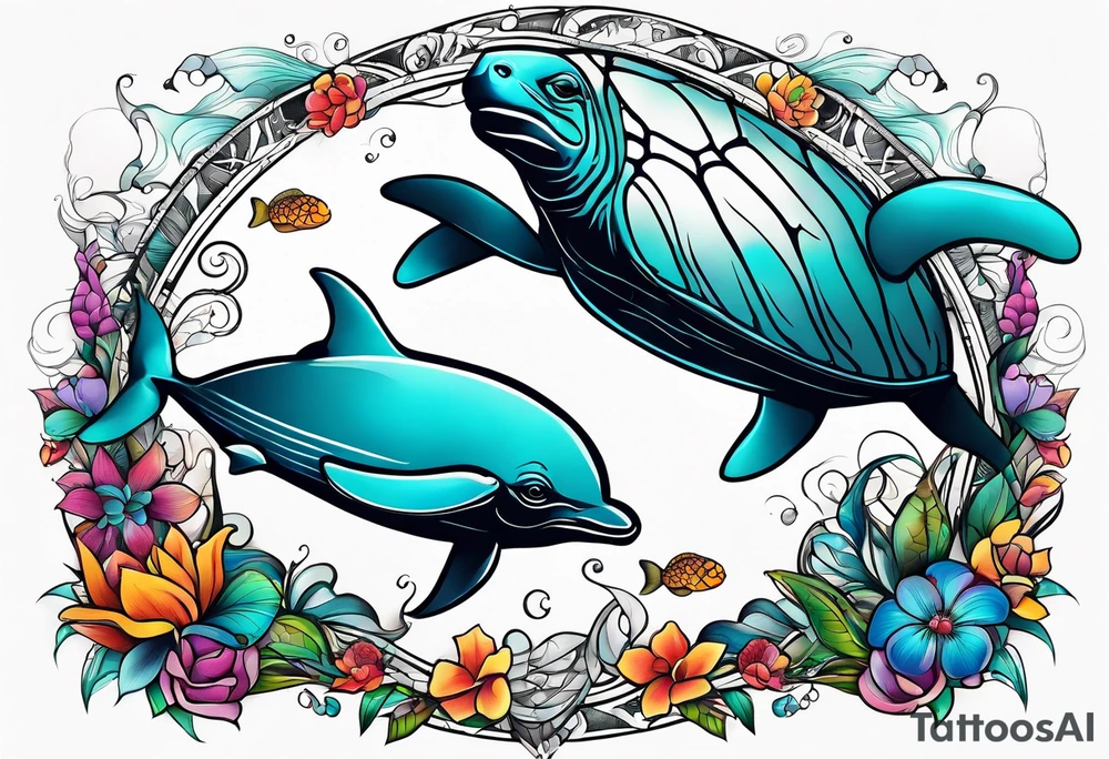 Turtle and manatee and dolphin tattoo idea