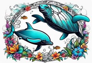 Turtle and manatee and dolphin tattoo idea