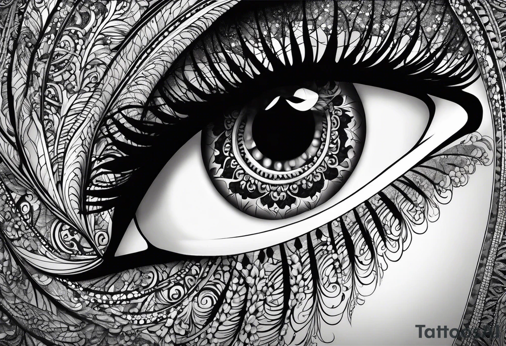 Elbow length lace glove, swirls and whorls of black ink, large feline eye on the palm tattoo idea