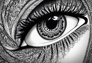 Elbow length lace glove, swirls and whorls of black ink, large feline eye on the palm tattoo idea