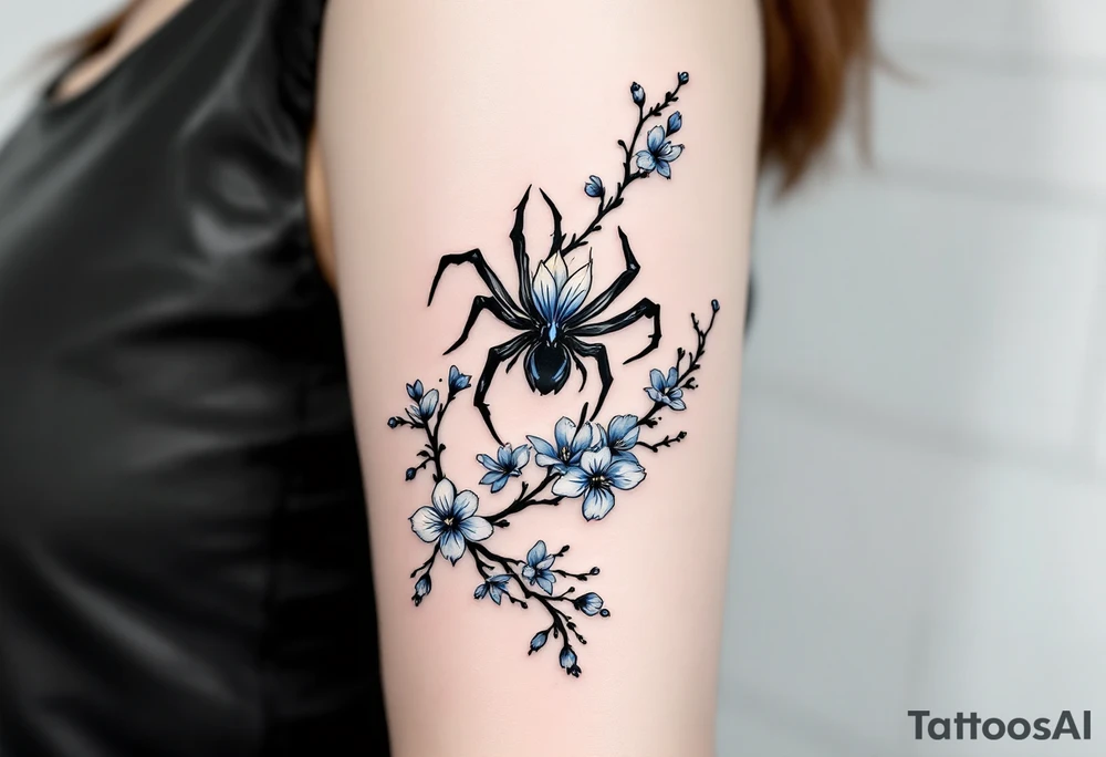 blue spider lily in black and white colours from the anime demon slayer and Cherry Blossoms wrapped around the arm tattoo idea