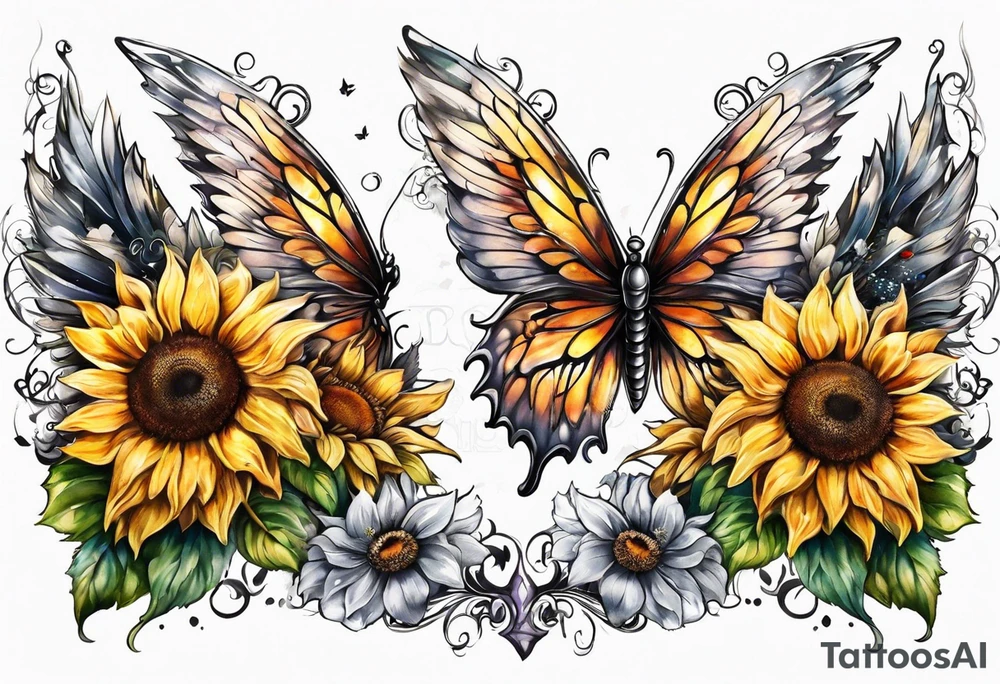 Sleeve with angel wings, sunflower and butterfly tattoo idea