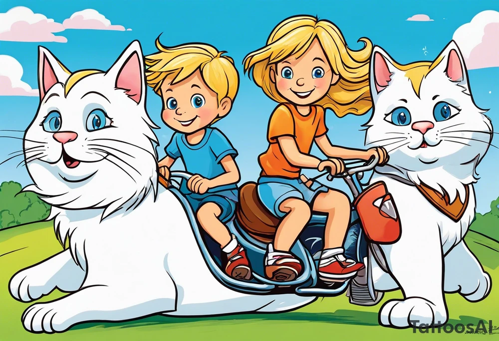 a thin blond boy with long hair and blue eyes of about 10 years old accompanied by two six-year-old twins girls, one a little chubby, with brown hair down to her shoulders, the three of them riding on a giant white cat tattoo idea