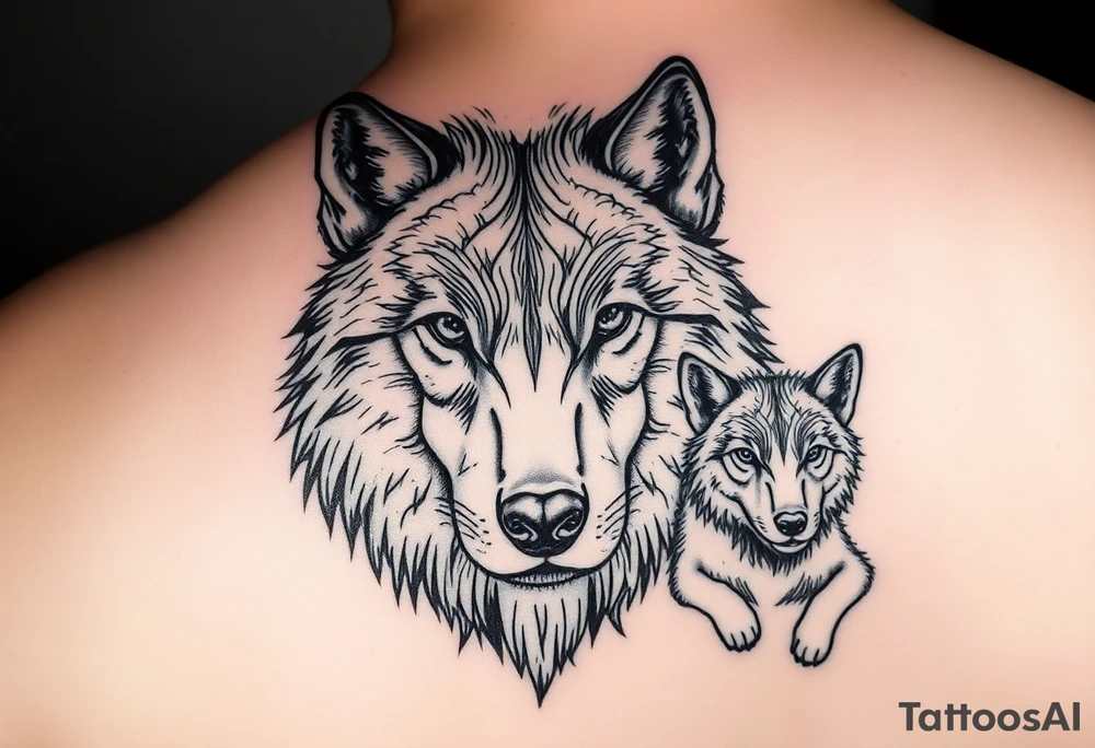 A solitary yet sublime and noble wolf and its progeny. the face tattoo idea