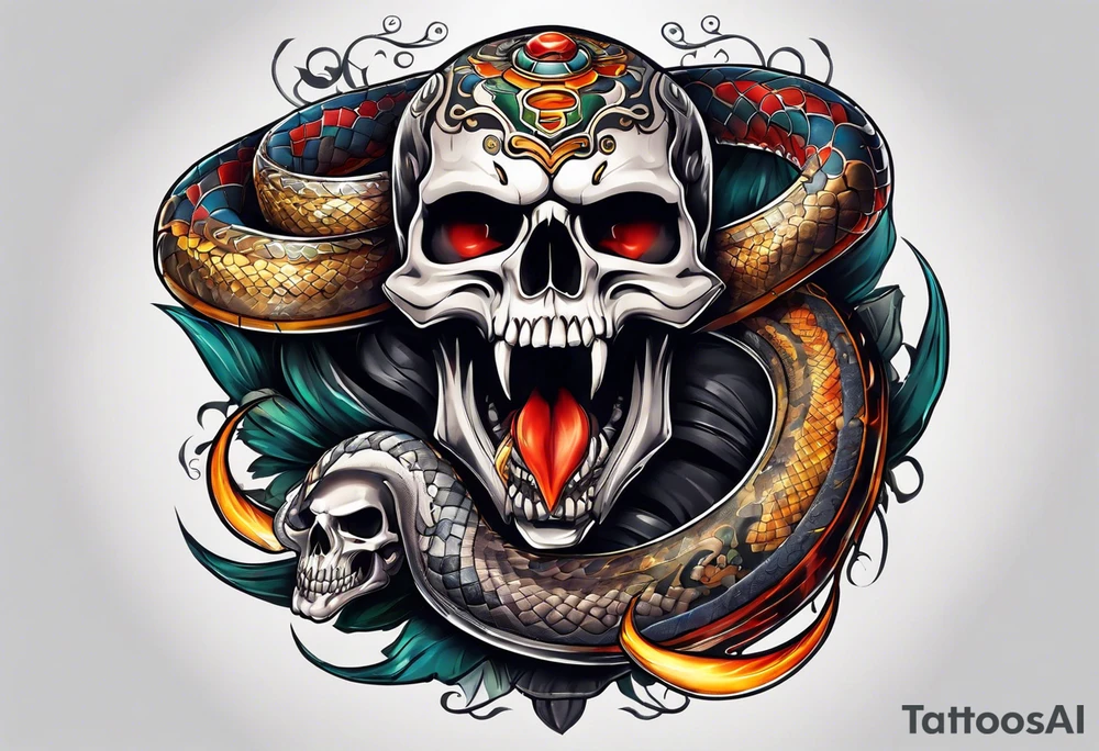 skull and snake with open mouth 4 colors tattoo idea