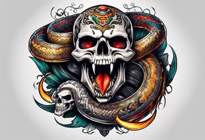 skull and snake with open mouth 4 colors tattoo idea