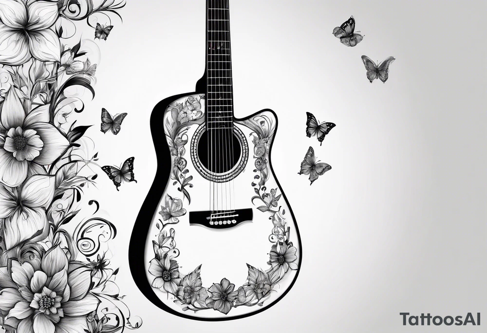 Whole electric acoustic Guitar in shape with flowers growing off the side, butterflies tattoo idea