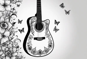 Whole electric acoustic Guitar in shape with flowers growing off the side, butterflies tattoo idea