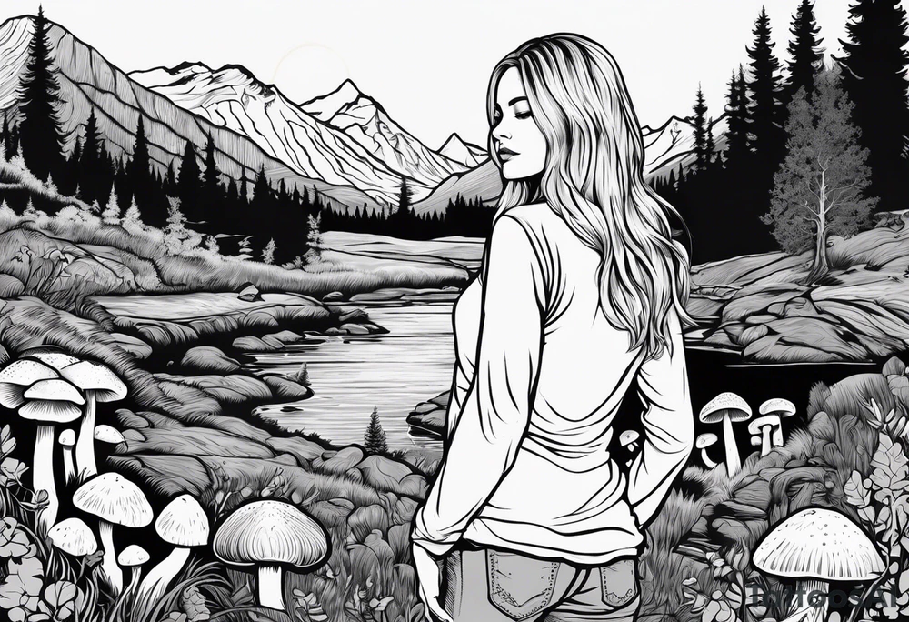 Whole picture encircled fully

Straight long blonde hair hippie girl in distance holding mushrooms in hand facing away toward mountains and creek surrounded by mushrooms long sleeve shirt and hiking pants; whole rendering within a full circle, no cut off circle tattoo idea