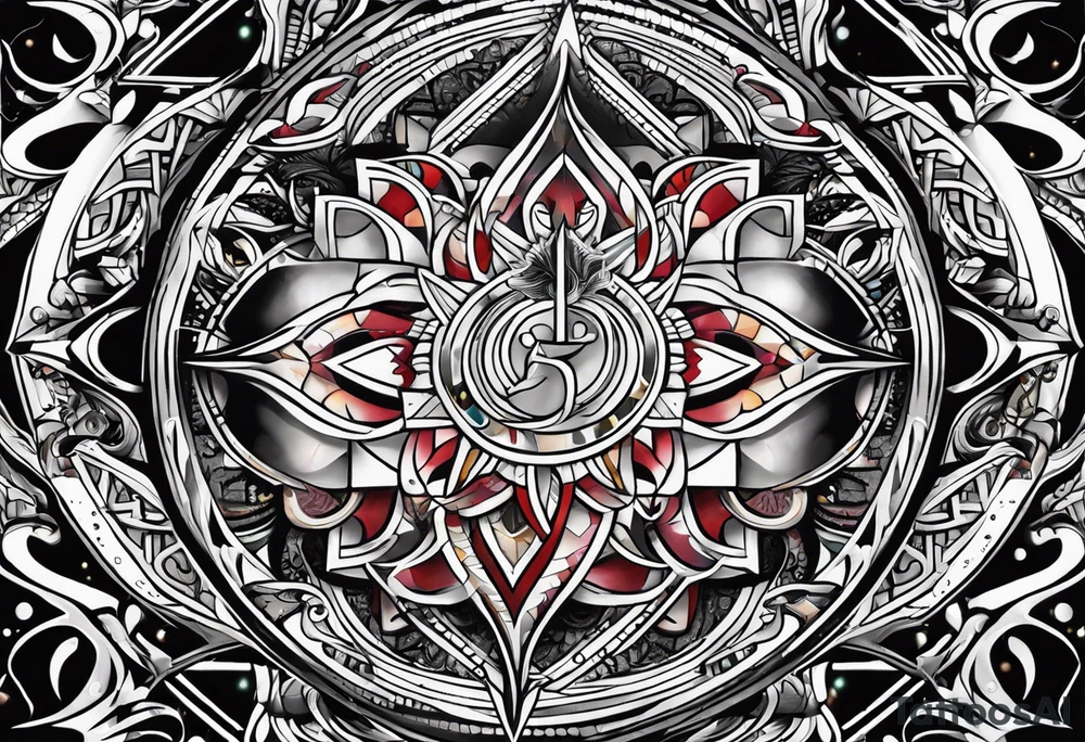 Bold geometric tapestry trident in colour on arm tattoo idea