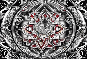 Bold geometric tapestry trident in colour on arm tattoo idea