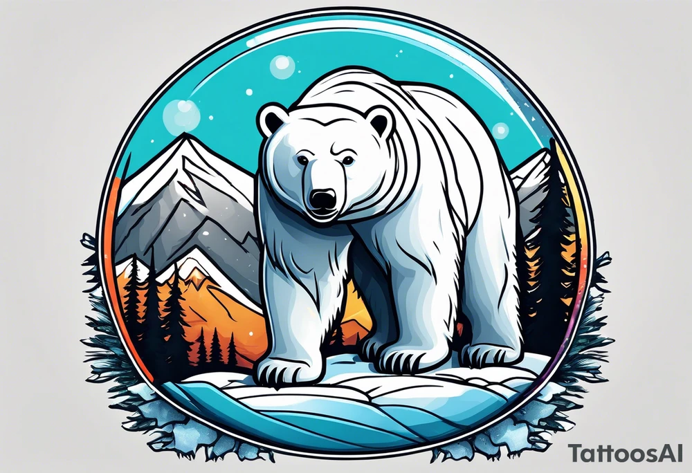 Polar bear wearing ski goggles standing in front of a mountain all inside a snow globe tattoo idea