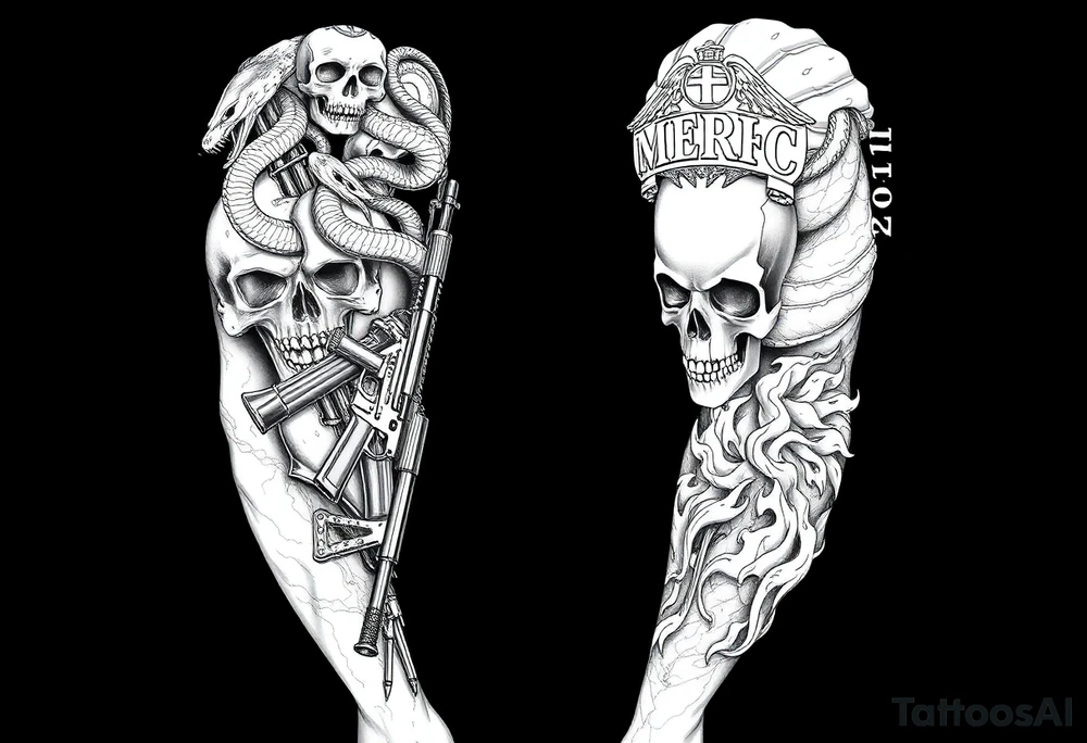 I want a full sleeve from shoulder to wrist. I want to incorporate a firefighter and Marine corps logo. I like snakes, rifles, guns, flames and skulls tattoo idea