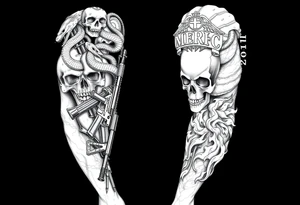 I want a full sleeve from shoulder to wrist. I want to incorporate a firefighter and Marine corps logo. I like snakes, rifles, guns, flames and skulls tattoo idea