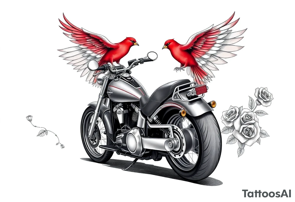 Harley grey motorcycle driving away, two red birds flying, roses, flames, angel wings tattoo idea
