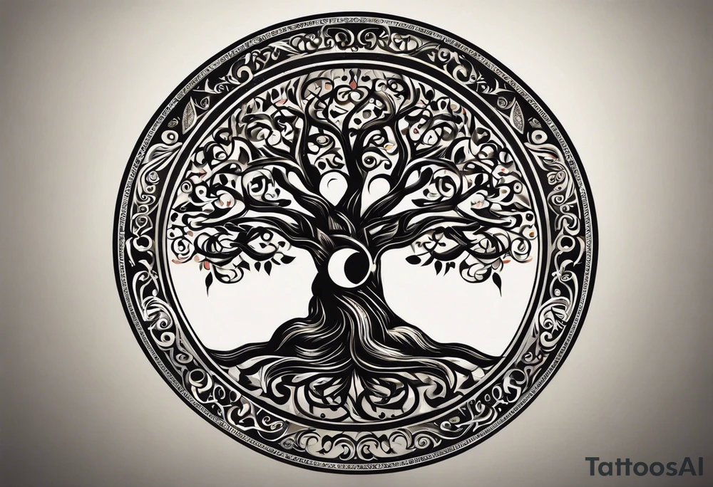 The tattoo should have roots where the entire arm goes, the date of birth of my children can be seen. There are supposed to be several swords over this family tree like the Damaglos, which is supposed to show attacks on my family. A symbol that shows the protection and strength of us would also be good. The death of my mother in 2018 should also be found tattoo idea
