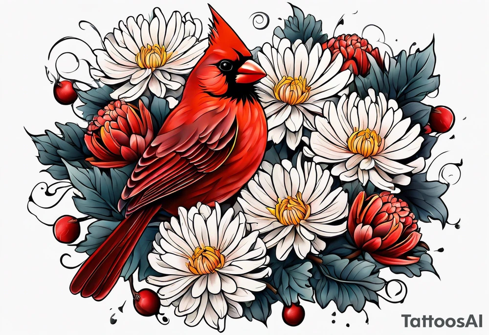 Chrysanthemum and cardinal tattoo idea