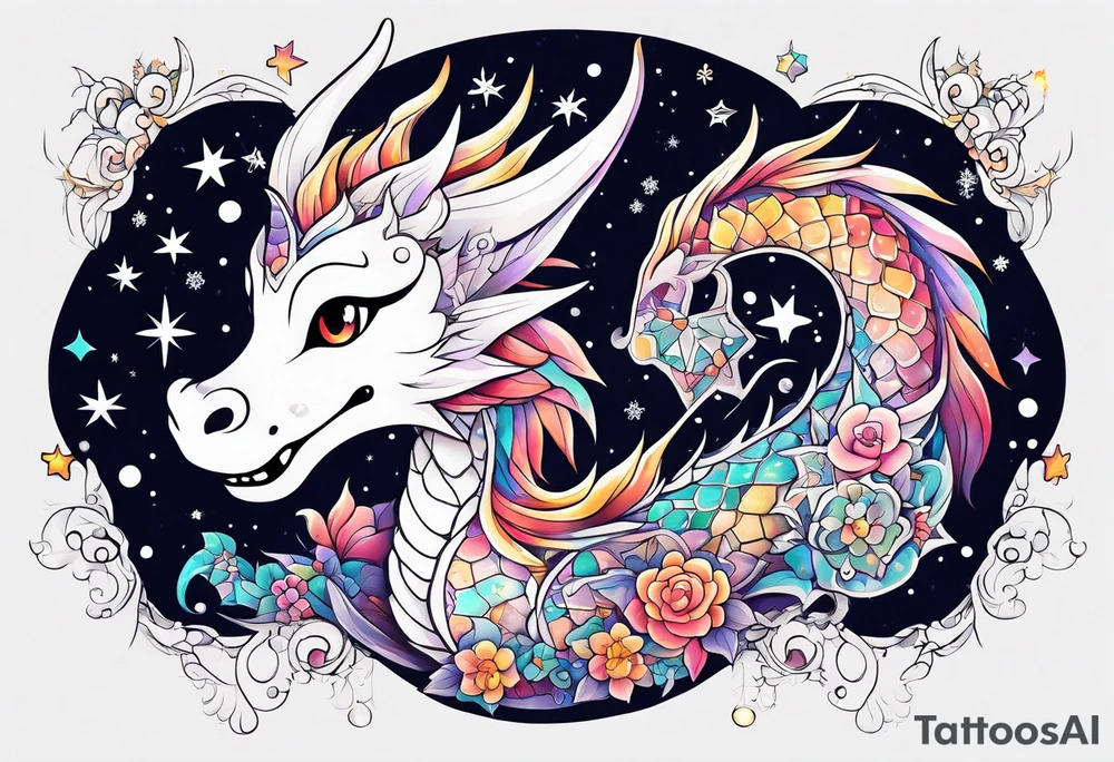 Constellation, kawaii dragon, snowflake tattoo idea