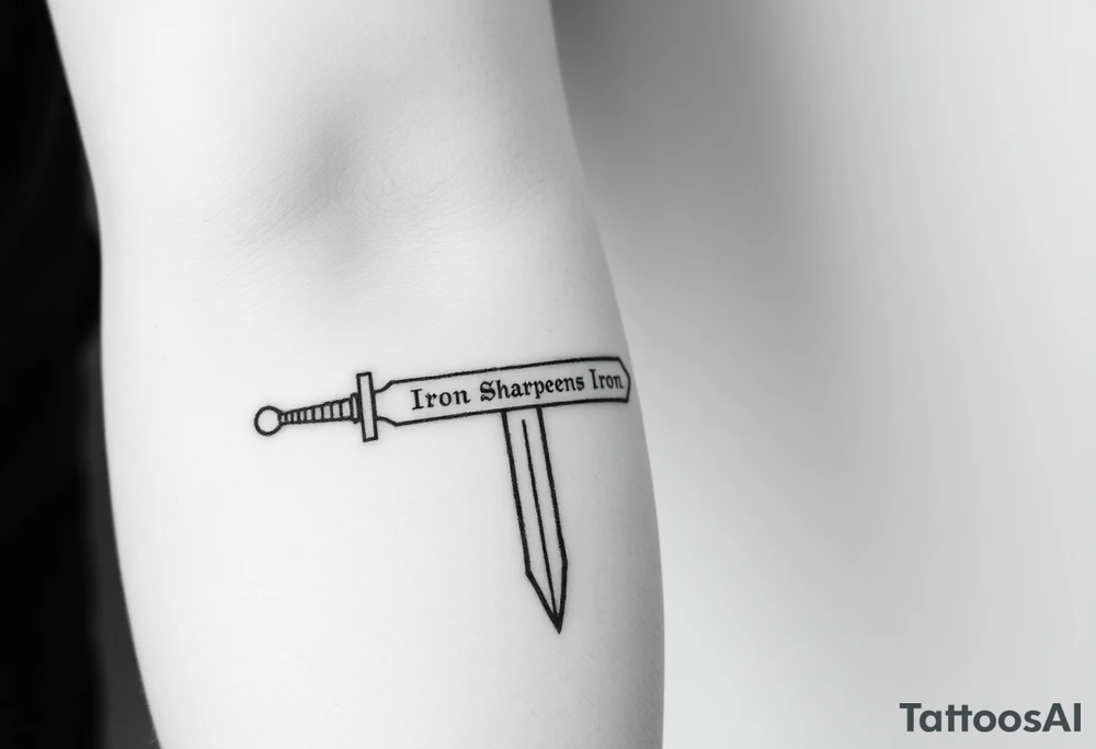 Black and white tattoo sketch of a medieval sword with the words “Iron Sharpens Iron” etched into the blade. Minimalist line art, no shading. tattoo idea