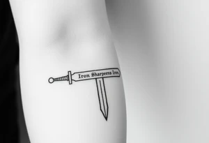 Black and white tattoo sketch of a medieval sword with the words “Iron Sharpens Iron” etched into the blade. Minimalist line art, no shading. tattoo idea