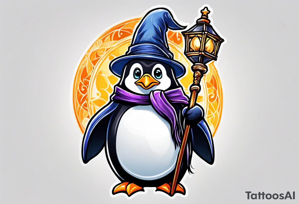 Wizard penguin holding a staff tattoo idea