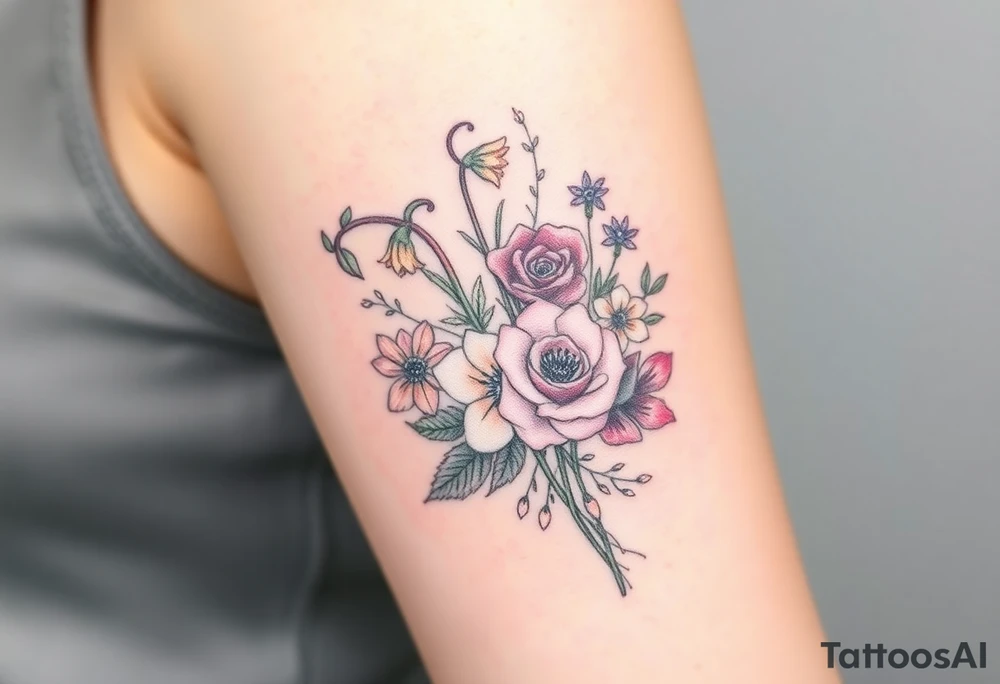A Christian tattoo representing from death to life or old to new. Incorporate the following flowers in a bouquet coming out of the life (new) side. Morning Glory, Lily of the Valley, Daffodil, Rose, Poppy, Violet tattoo idea