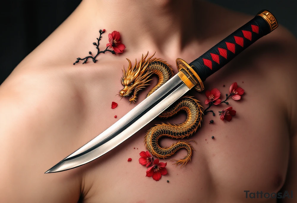 Japanese katana with a slightly curved, polished steel blade reflecting soft light. The hilt is tightly wrapped in black and crimson silk, with a golden oriental dragon coiled around it, its scales shimmering in deep gold and red. Cherry blossom petals drift around the blade, and a faint ink brush wave. tattoo idea