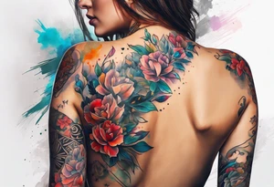 A women with her back facing us. She is broken. She is reaching over her shoulder to put bandaids to fix herself tattoo idea