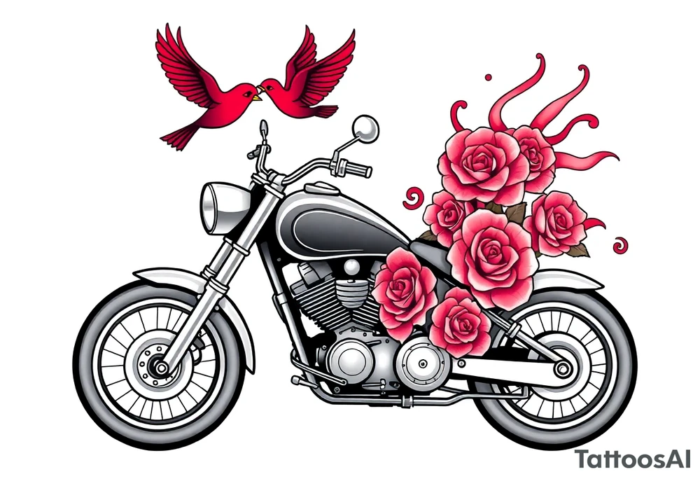 Motorcycle, red bird flying, roses and lace, flames tattoo idea