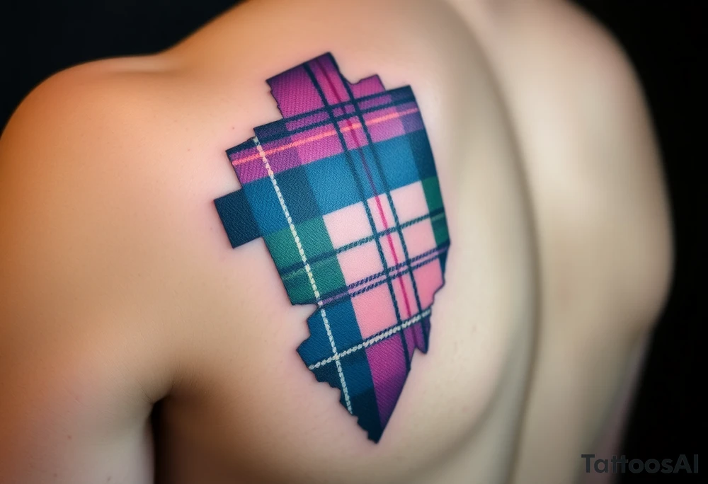 Side of arm Dark Purple with green pink blue and white highlights tartan fabric with skin peeling away at edges tattoo idea