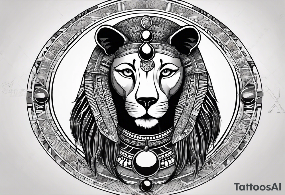 Ancient Egyptian goddess sekhmet, lioness head with black sun disk behind and woman's body. She looks straight ahead and ready for battle looking fearless and powerful holding an ankh in one hand and a papyrus sceptre in another, she has long hair flowing tattoo idea