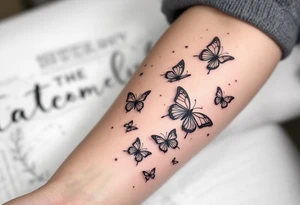 Tattoo of about 10 butterflies that look 3d with lines
 and different sizes spaced out between wrist and elbow tattoo idea