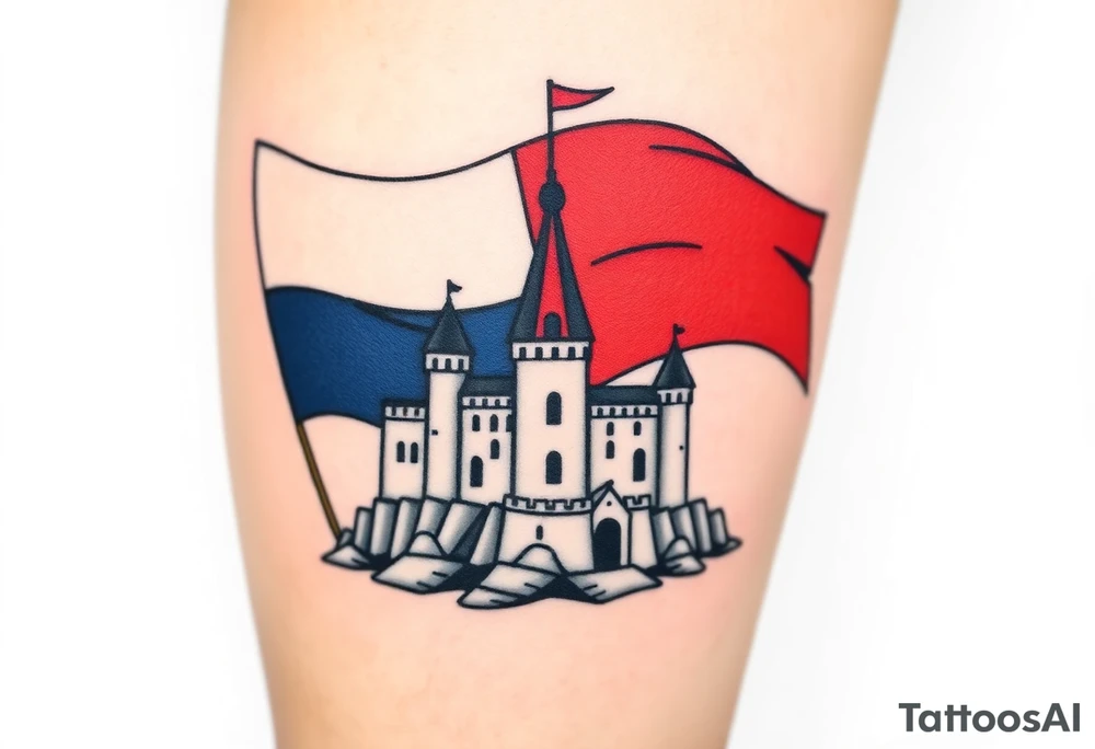 A Czech flag (blue, white up, red down) waving behind a medieval castle tattoo idea