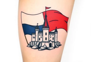 A Czech flag (blue, white up, red down) waving behind a medieval castle tattoo idea