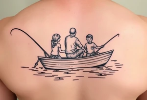 Dad fishing with 3 kids 
1girl and 2 sons
With lake boat tattoo idea