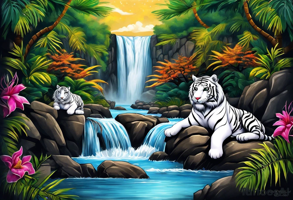 A white tiger and black tiger on opposite sides of a waterfall with an calligraphy ink container at the top and the Bahamian and Jamaican flag on opposite sides. tattoo idea
