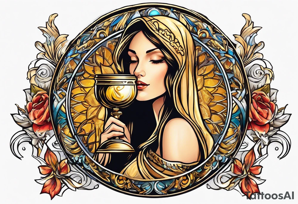woman saint holding chalice surrounded by golden halo sideways tattoo idea