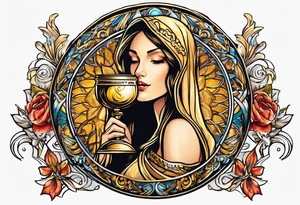 woman saint holding chalice surrounded by golden halo sideways tattoo idea