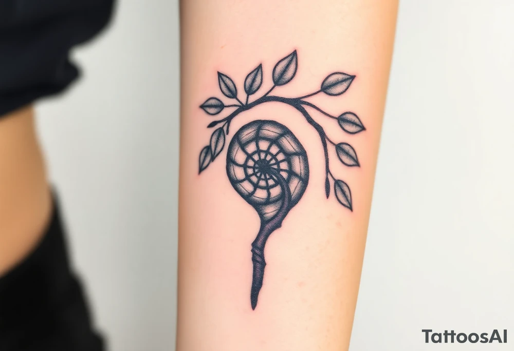 Fibonacci spiral shell inside of tree with leaves tattoo idea