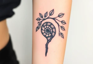 Fibonacci spiral shell inside of tree with leaves tattoo idea