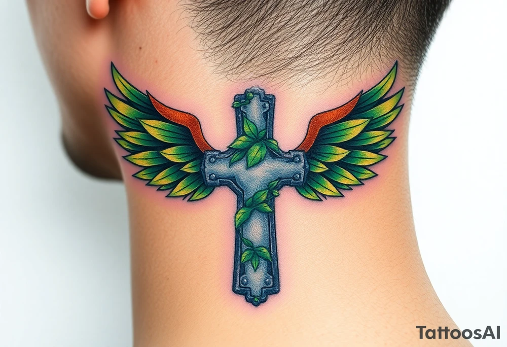 A moss-covered stone cross, with soft green and gold wings resembling leaves in autumn tattoo idea