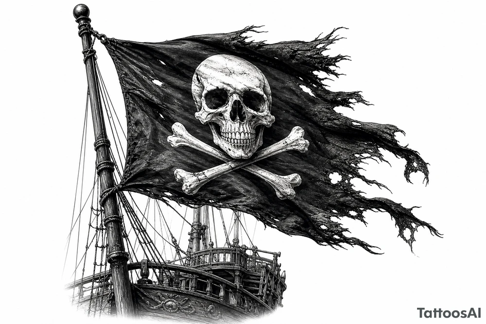 Tattered Jolly Roger flag whipping in the wind above a pirate ship. tattoo idea